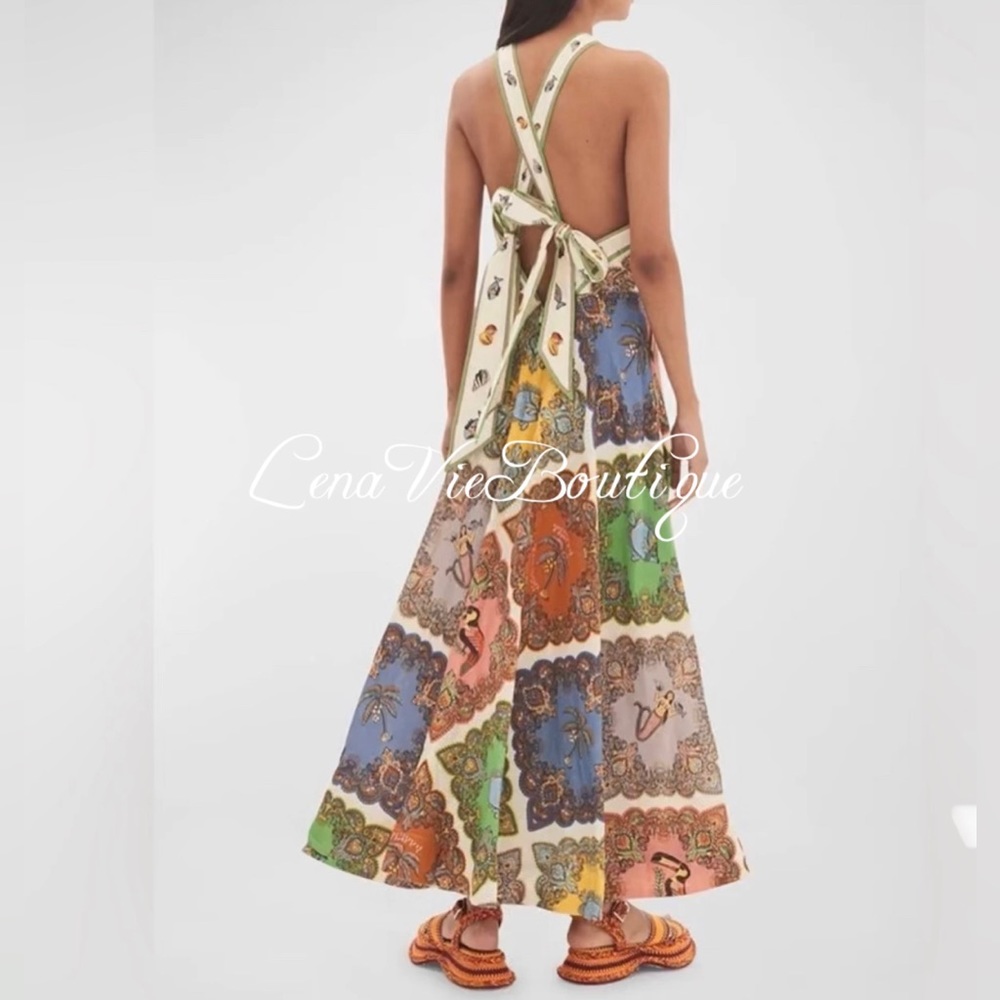 LenaVie Boutique | Tropical Tile-Print Cotton Halter A Line Mermaid Dress - Picture 4 of 14
